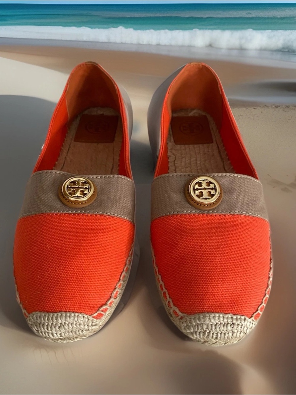 Tory Burch Beacher Orange Canvas Slip On Espadrilles  Flats Size 11
